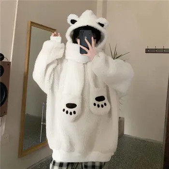 2021 Majica s kapuljačom s medvjedom Japanski Kawai Bear uši Izmjenjivi šal s kapuljačom Top Zima nova Dlaka janje Slatka ženski puloveri Harajuku Majica