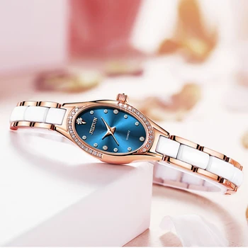 JSDUN Ženska moda Elegantan sat sa dijamantima Kvarcni ručni sat Vodootporan Keramičke remen Sat-narukvica za žene reloj mujer