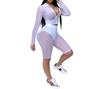 2 kom. Godišnje ženski sportski odijelo Mesh t-Shirt s dugim rukavima Skraćene Top Kratke hlače Casual Transparentno Sportski odijelo za jogging