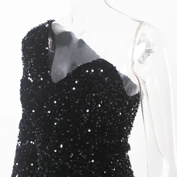 Večernja haljina Midi jedan rukav Maksi protežu Na jedno rame Kratka crna sjajne haljine za noćnog kluba sa šljokicama